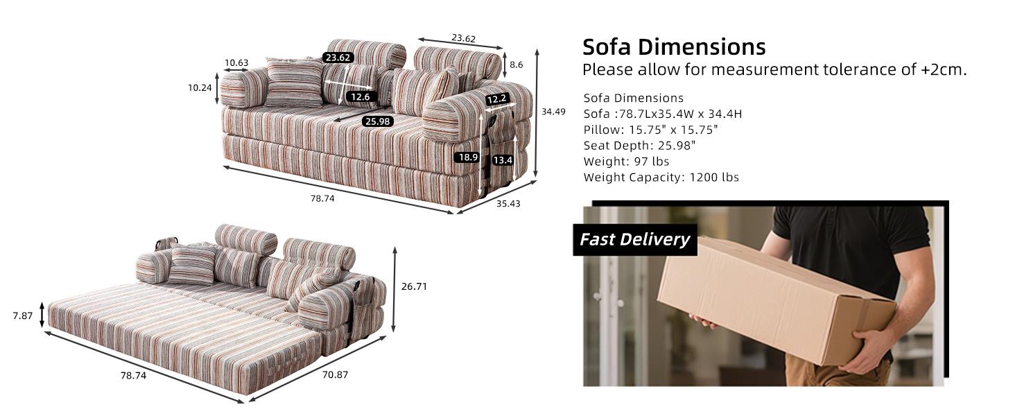 79'' Upgrade High Backrest Sofa Bed with Fixed Frame, Removable Armrests & Backrest, Corduroy Fabric Convertible Couch for Small Spaces, No Assembly Needed