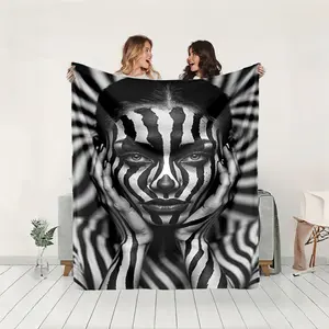 1 piece Black and white striped artistic human body fused with the background themed flannel blanket - Flannel woven blanket in modern style, suitable for sofas and beds, all-season use, super soft and comfortable, digitally printed pattern
