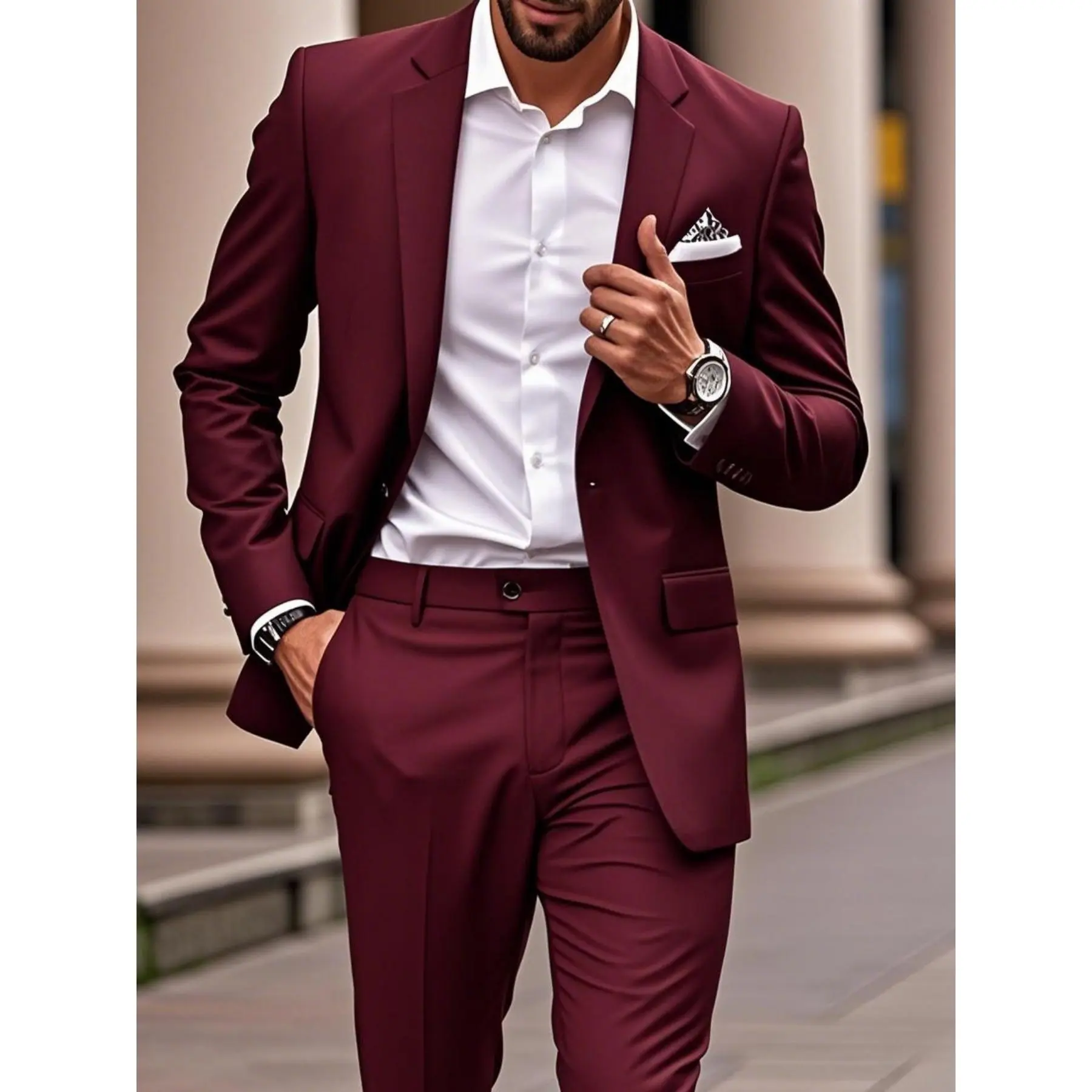 Men's 2-Piece Suit Set, Solid Fitted 2-Button Formal Outfit for Business, Weddings, and Groomsmen, All-Season Wear, Men's Outfit Sets, Stylish, Collared, Two-Piece