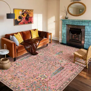 Kokia Boho Vintage Floral Tree Area Rugs, Washable Oriental Botanical Rugs for Living Room, Bedroom, Dining Room, Office, Large Soft Indoor Area Rug, Rosette Pink，8x10