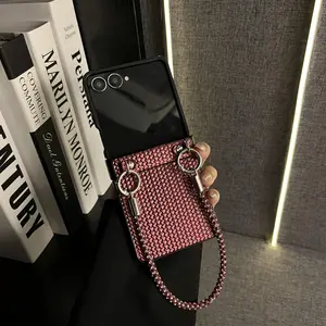 Luxury Wine Red Glossy Straw Mat Pattern Diamonds Bracelet Phone Case for Samsung Galaxy Z Flip7 Z Flip6 Z Flip5 Hinge Cover