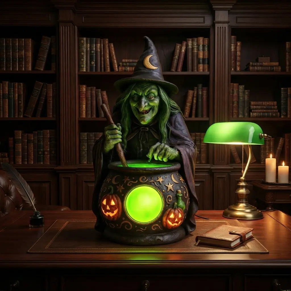 Spooky LED Lighted Witch Brewing Potion Cauldron Statue – Halloween Decor Figurine with Glowing Green Pot & Pumpkins – Creepy Resin Sculpture for Indoor Tabletop, Party, Yard, & Home Decoration – Perfect Gift for Halloween Fans