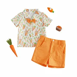 Global Baby Toddler Boys Easter Outfits Rabbit Carrot Print Bowtie Short Sleeve Shirts and Solid Color Shorts 2Pcs Clothes Set Print Short Sleeve Bowtie Shirt + Solid Elastic Waist Shorts