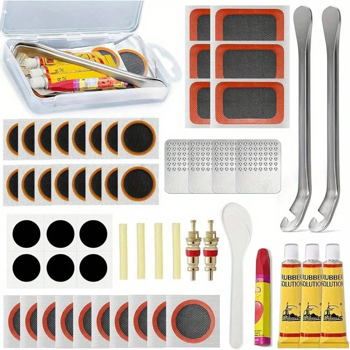 56 Piece Bicycle Tire Repair Kit, Tire Maintenance, Self-Adhesive Puncture Repair Set, Multi-Functional Bike Tool with Vulcanizing Patch, Road Bike Use, Bicycle Tools, Bicycle Accessories