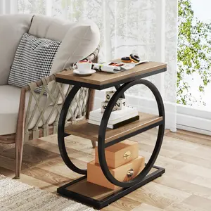 Tribesigns End Table with 3-Tier Shelving, Wood and Metal Side Table for Living Room and Bedroom