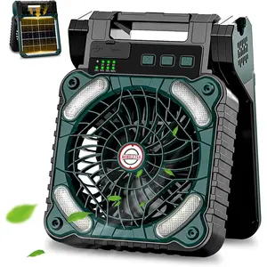 Portable  Fan with Solar Panel, 10400mAh Rechargeable Fan with Timer LED Light Small USB   Camping Fans for Travel Picnic Outdoor Indoor Cooling Sleeping (Green)