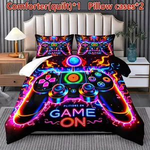 Neon Flame Game Controller Bedding Set, 3 Piece Comforter & Pillowcases, Gamer Bed Decor, Cotton Material, Ca Prop 65 Compliant