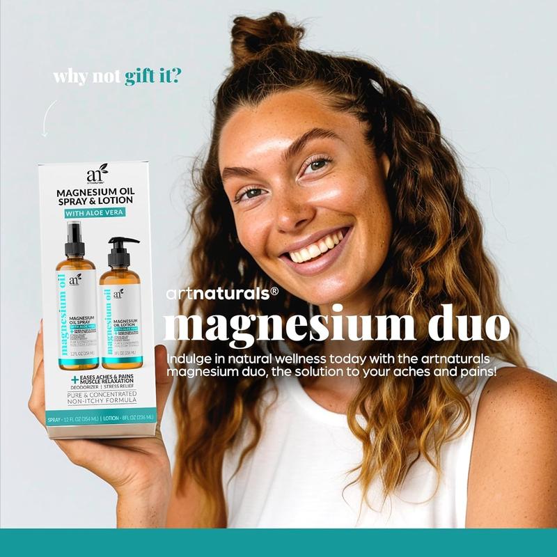 ArtNaturals Magnesium Oil Spray 12 oz + Body Massage Lotion Set 8oz for Feet & Sleep - Extra Strength Cream Ultra-Pure, Relief & Relaxation, Muscle Health Leg & Joint Care Topical Non Itch