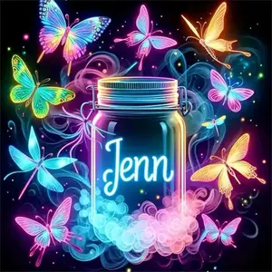 Neon Glowing Butterfly Jar with Custom Name Jenn 5D Full Drill Diamond Painting Kit Personalized Magical Butterfly Art DIY Cross Stitch Mosaic Craft Vibrant Home Wall Decor Handmade Gift for Butterfly & Name Lovers