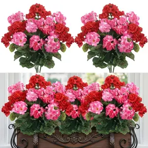 4 Pack Artificial Geraniums, Outdoor UV Resistant Faux Flowers, Plastic Geranium Bouquets for Home Office Hotel, Spring Decor