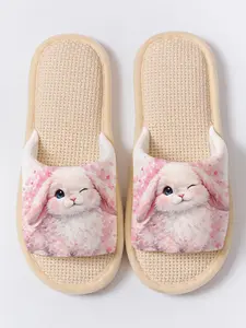 Adorable Rabbit Animal Print Open Toe Slippers Indoor, Soft Sole Home Floor Shoes, Non-Slip Breathable No Odor, All Seasons Textile Upper Footwear