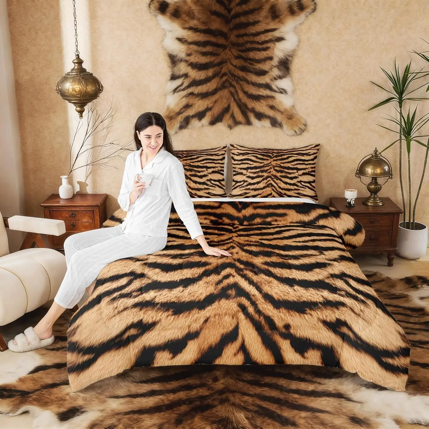 Feelyou Queen Size 3D Tiger Skin Linen Comforter Set - Abstract Black-Brown Stripes, Wild Africa Animal Design Bedding, Bedroom Decor for Children, Ideal for Guest Room