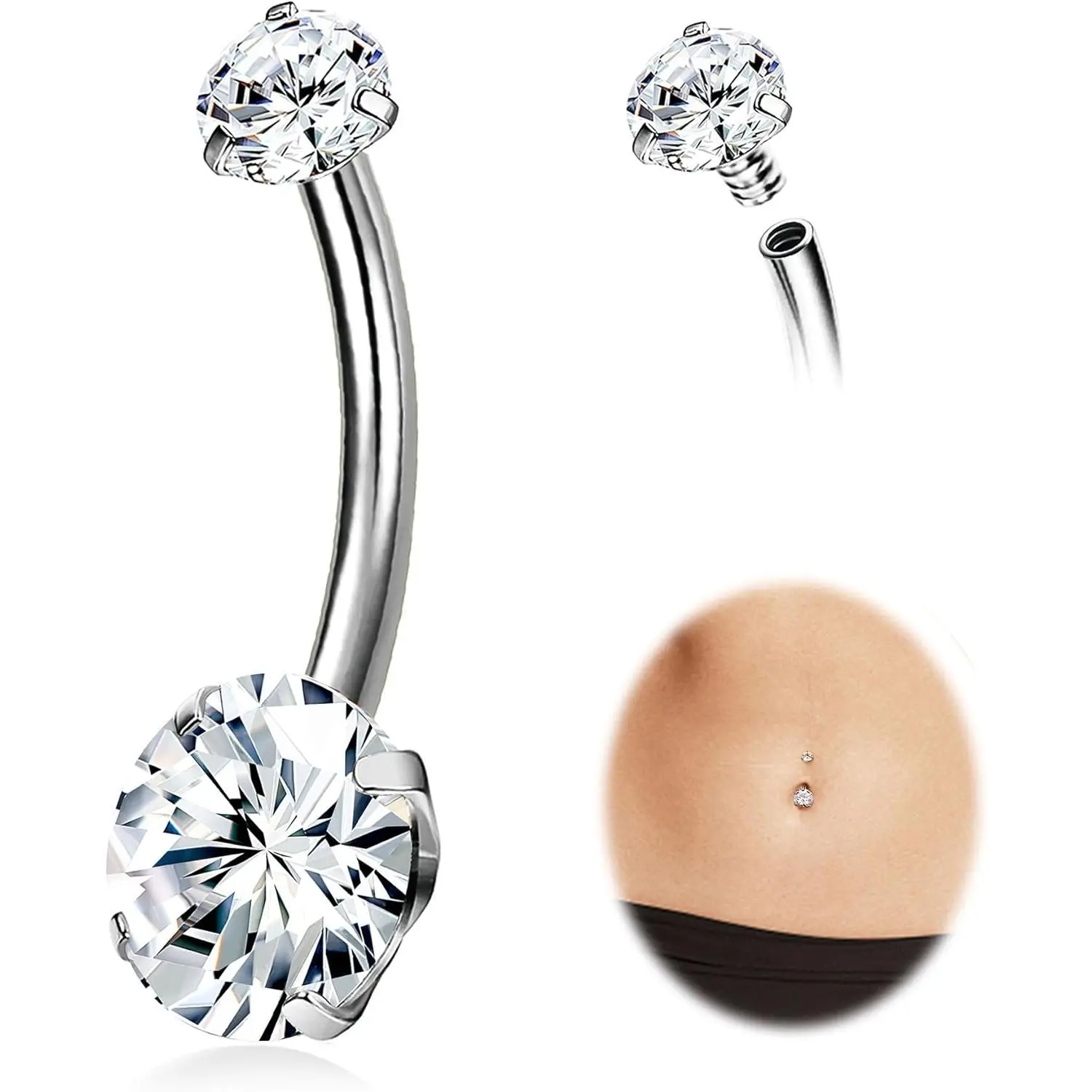 Milacolato Women's G23 Solid Titanium Navel Piercing Jewelry, 14G Internally Threaded Belly Button Rings, 12mm-14mm Long Bars with Cubic Zirconia