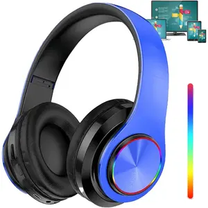 Led Light Headphones  , Foldable   Headphones Over Ear, Wired HiFi Stereo with Colorful Lights Built in Mic Suitable for PC/Laptop/Tablet/Phone Gaming/Exercise(Blue)