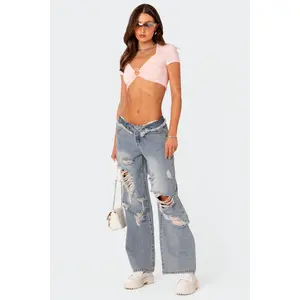 Distressed Fold Over Low Rise Wide Leg Jeans
