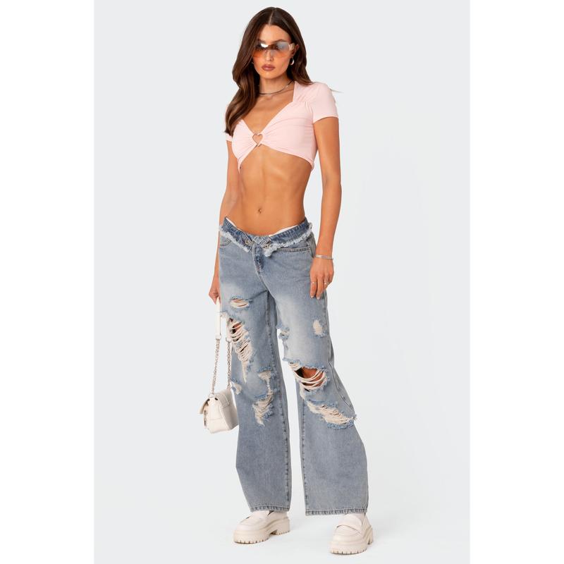 Distressed Fold Over Low Rise Wide Leg Jeans