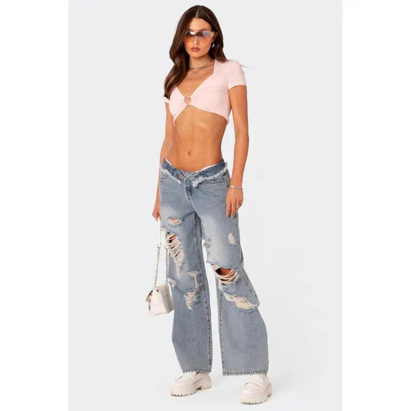 Distressed Fold Over Low Rise Wide Leg Jeans