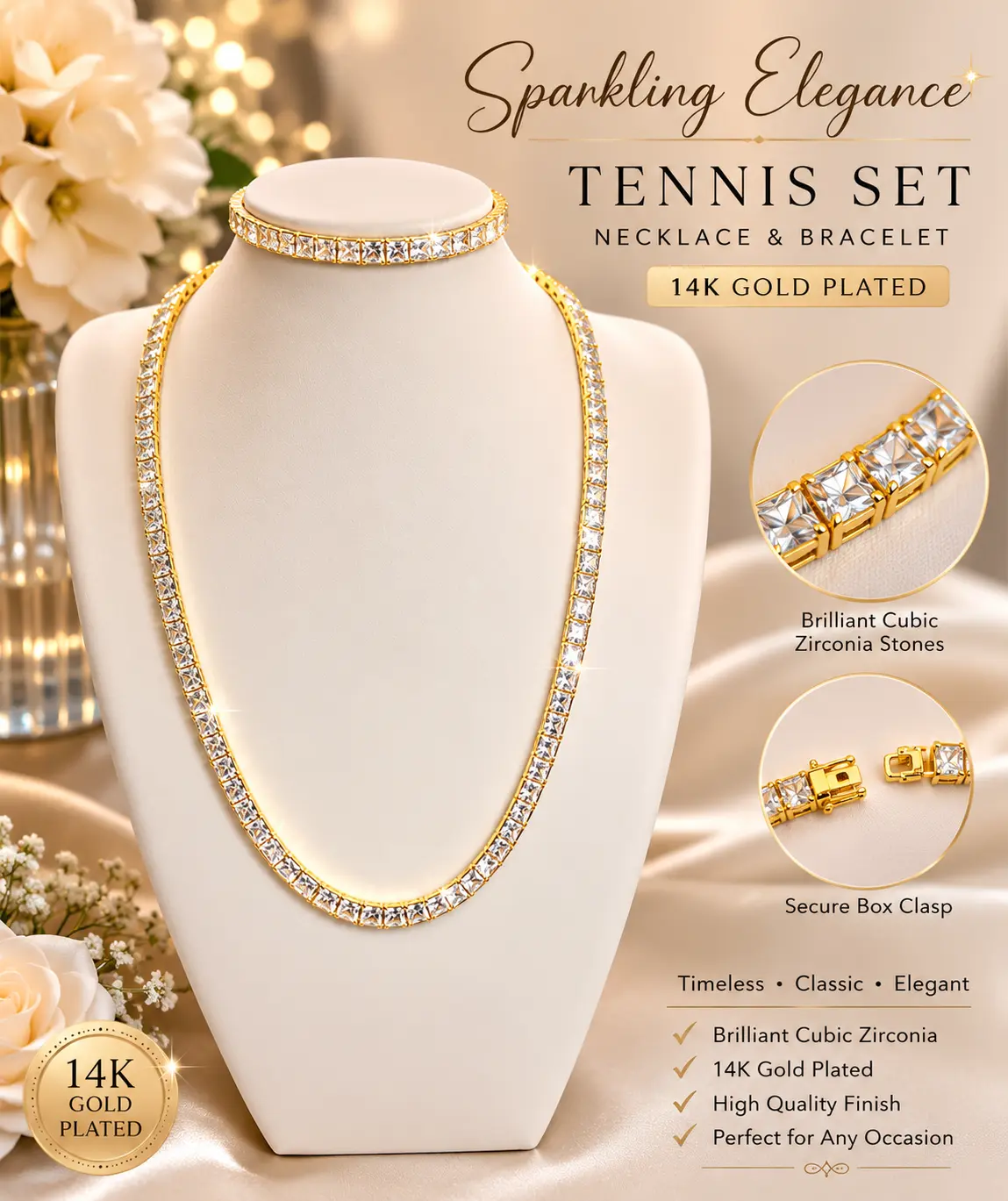 Radiant Tennis Necklace & Bracelet Set – 14K Gold Plated Cubic Zirconia