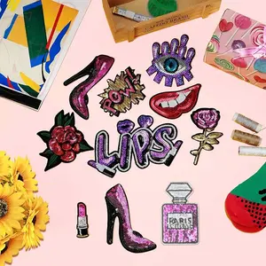 10 Pieces Purple Sequin Iron on Patches DIY Embroidered Patches Lips Lipstick High Heel Pow Sew on Applique Glitter Patch Clothing Repair Patch for Woman Garment Bag Caps Decor