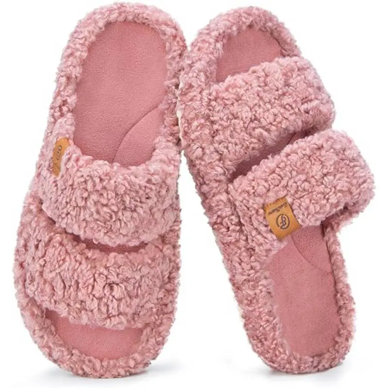 YEAGOSO Women's Fuzzy Open-toe Slippers Soft Comfy Memory Foam Indoor House Shoes with Rubber Sole & Footbed Support for All-Day Comfort