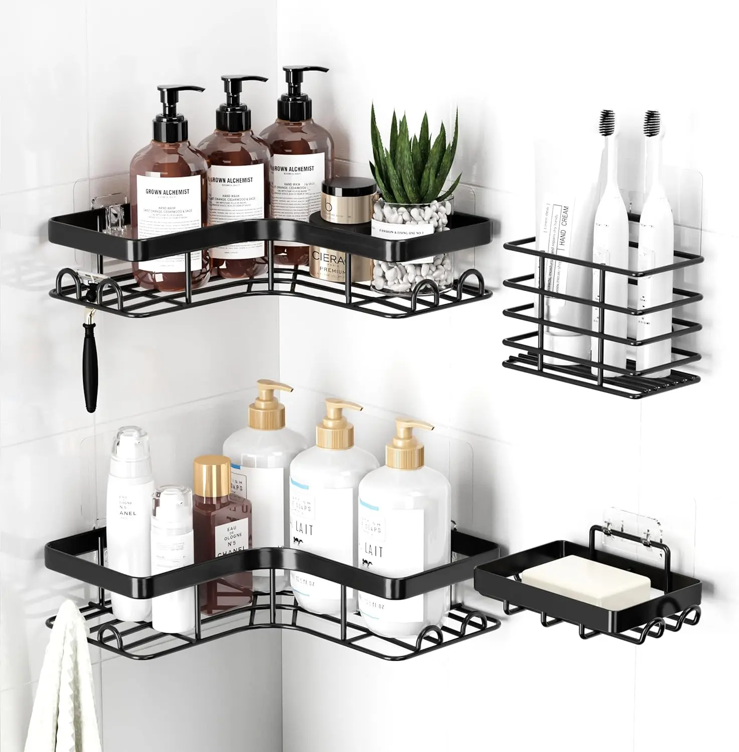 Corner Shower Caddy 4-Pack Shower Organizer with Soap Holder & Toothbrush Holder, Rustproof Metal Shower Shelves, Laundry, Kitchen, Bathroom Organizers and Storage Solution, Large, Black