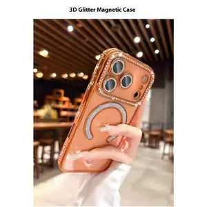 PROMAX Customized TPU 3D Glitter Magnetic Cellphone Cover for iPhone 17 Pro Max - Electroplated Rhinestone Accessory, Built-in Lens Film, Magnetic Module, MagSafe Compatibility, Wireless Protection, Transparent Design, Card Slot for Handheld Devices