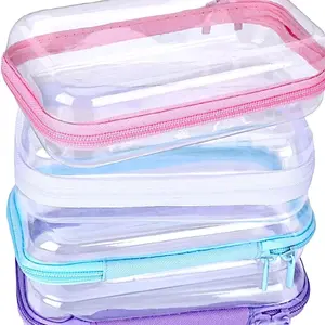 4 Pcs Clear Hard Shell Zipper Case Hard Sided Pencil Case Clear Zipper Toys Puzzles Organizer Travel Plastic Pouch for Makeup Storage Box Building Blocks Bins