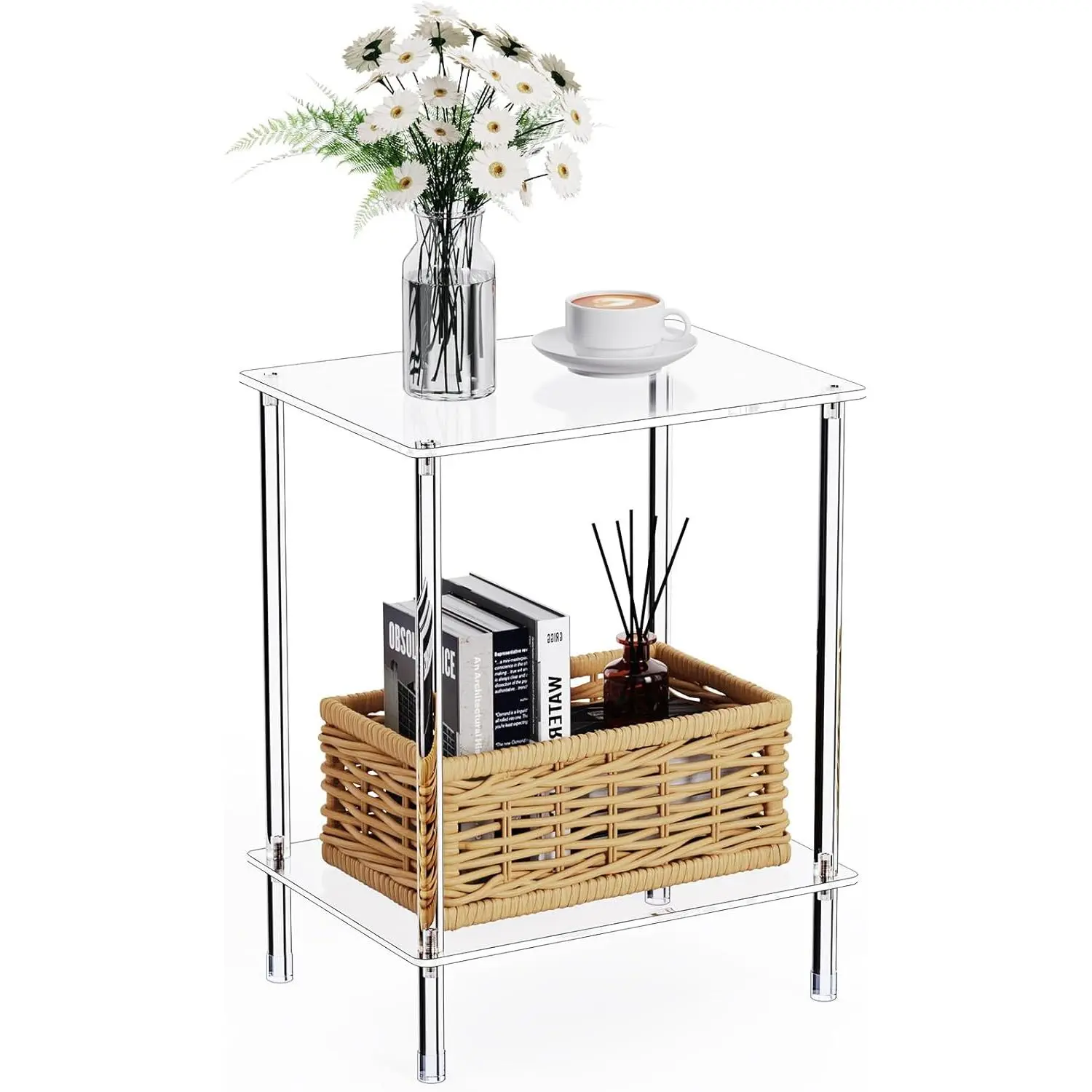 Clear  Side Table, 2-Tier End Table for Living Room, Small Modern Bedside Tables Nightstand for Bedroom, Home Decor Accent Table, 15.7" L x 11.8" W x 19.82" H, Clear