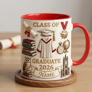 Personalized Name Graduation Mug 2D Printed 3D Effect, Coffee Cup with “The Adventure Begins” Emblem Design for Class of 2026 University Senior Students and Graduates, Perfect for Commencement Ceremony
