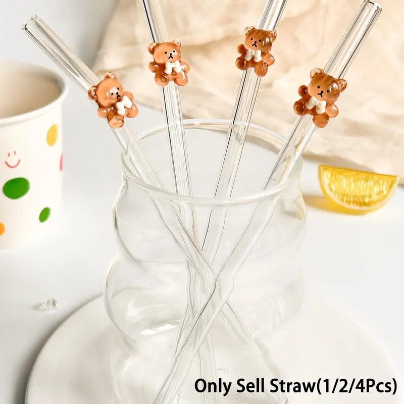 Cute Bear-Shaped Reusable Glass Straw, Bent Straws, Clear & Bendable Design, Ideal for Cold Beverages, Perfect Gift for Girls, Durable Drinkware, Home Bar Accessories, Drinking Straws