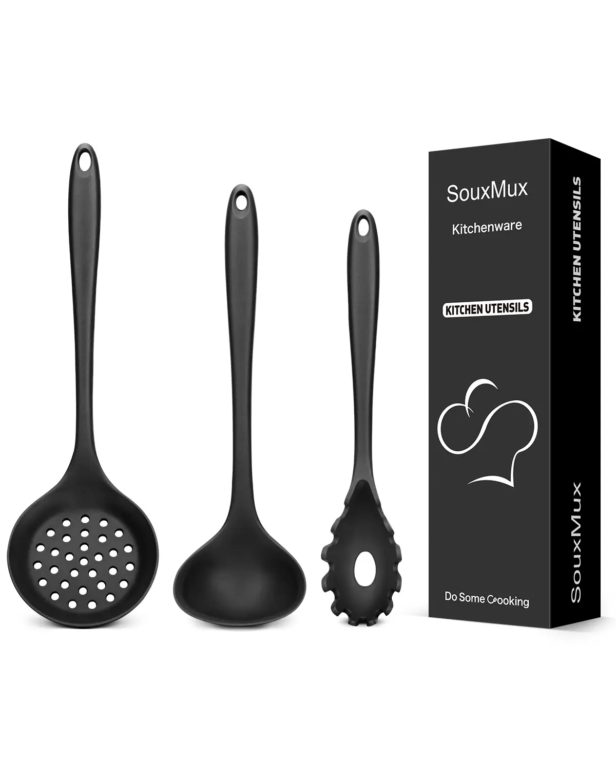 3Pcs Silicone Kitchen Utensils Set, Soup Ladle-Pasta Fork-Slottede Spoon, Nonstick BPA Free High Heat Resistant Cooking Utensils for Mixing, Serving, Draining, Turning, Stirring