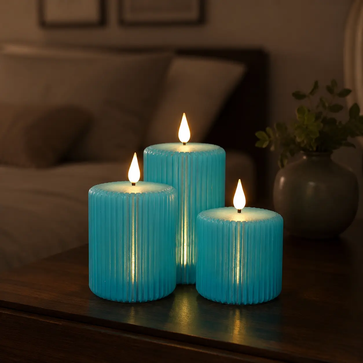 Aqua Blue Flameless Pillar Candles Set of 3 with Remote & Timer, Battery Operated LED Candles, Dimmable 3D Flame Ribbed Decor for Home & Wedding