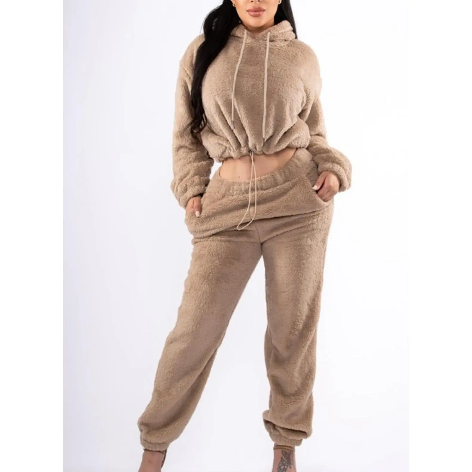Teddy Baddie Set - Women's Casual Overalls with Hoodie and Pants Set in Beige