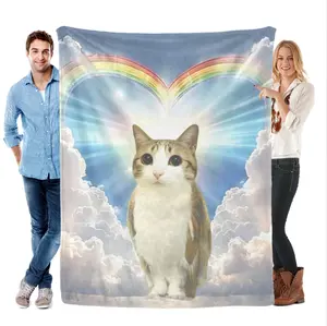 Rainbow Bridge Cat Angel Fleece Blanket, Funny Meme Cat Soft Throw Blanket, Pet Memorial Gift for Cat Lovers, Cozy Flannel Blanket for Bed Couch