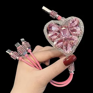 Cute Sparkly Pink Clear Charger Cable 3-in-1 Heart Bling Rhinestone Aesthetic Viral TikTok Fast Charge Car Decoration Phone Gift for Her
