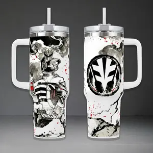 White Ranger Tigerzord Graphic Tumbler, Mighty Morphin 40oz Cup with Handle, Saba Sword Martial Arts 20oz Stainless Steel Travel Mug, 90s Nostalgia Hero Gift, White Ranger Inspired Insulated Tumbler