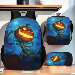 3-piece Halloween Horror Monster Backpack Set, Large Capacity School Bag with Handbag and Pencil Case - Ghost, Pumpkin, and Bat Designs, Jack-o'-lantern Pattern, Suitable for School and College Travel - Lightweight and Durable Polyester Material, with Lap
