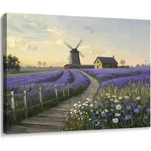 Purple Canvas Wall Art for Bathroom Bedroom Farmhouse Lavender Floral Art Print Countryside Landscape Picture Daisy Flowers Small Nature Scenic Rustic Artwork Entryway Hallway