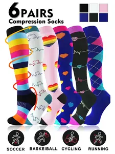 6 pairs of men's and women's compression socks wide calf men's and women's booster socks for circulation, running, nurses, pregnant women Support for blood circulation Various colour patterns available