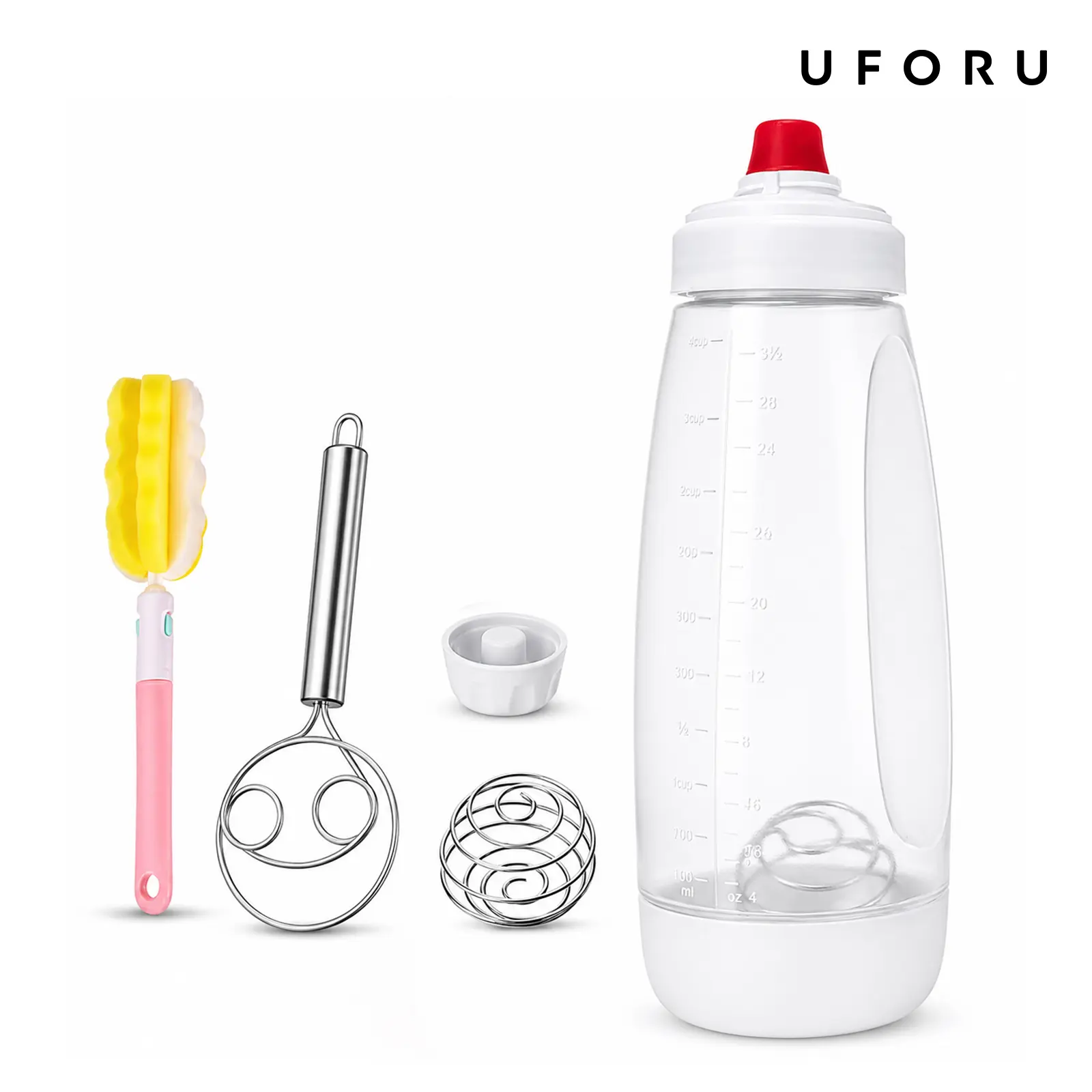UFORU Handheld Bakeware Batter Dispenser Set - No Overflow, with Mixing Ball, Cleaning Brush, Egg Whisk & Mixing Bottle - Home Kitchen Gadget for Smooth Crepe, Pancake Batter #SummerWins