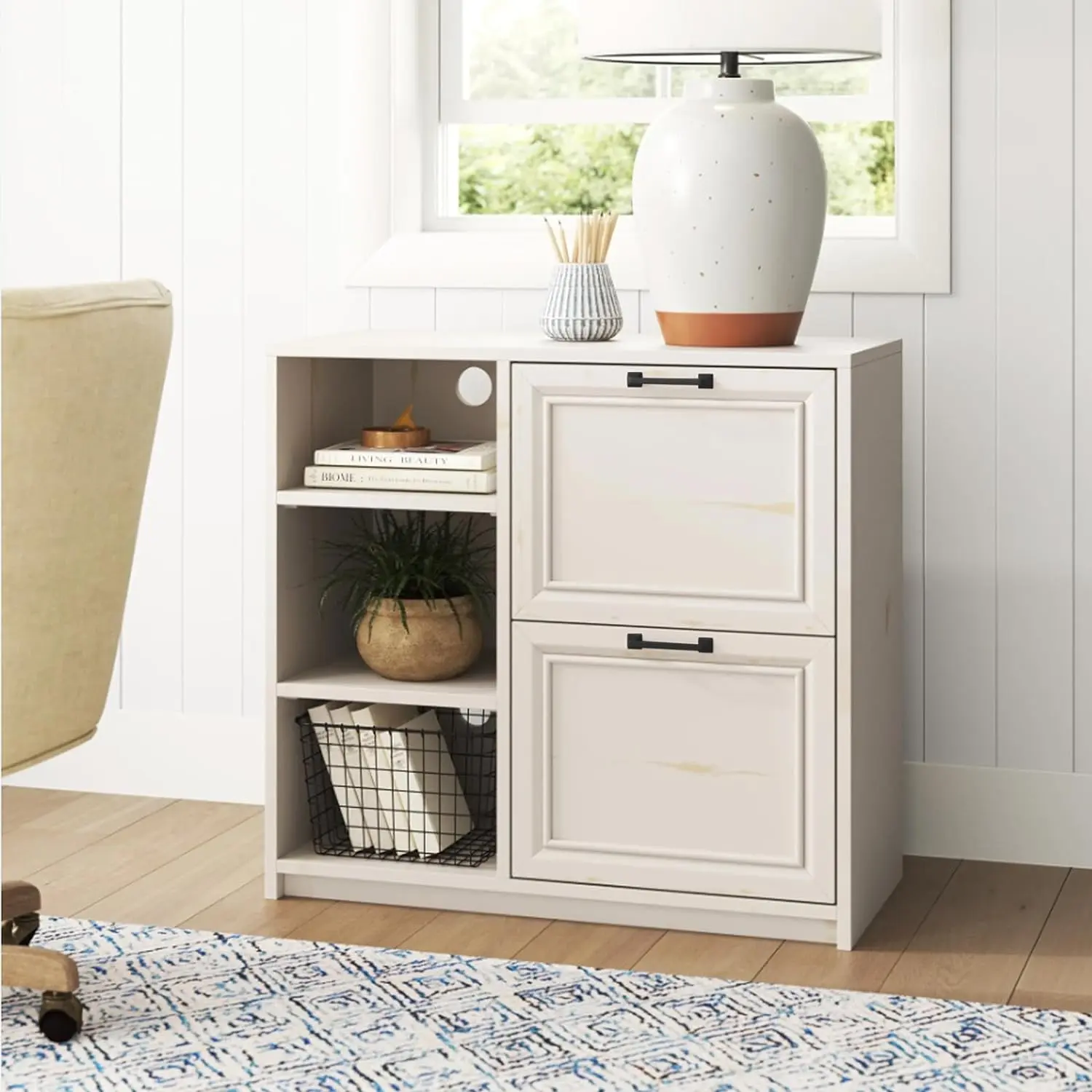 Storage Cabinet Sideboard, Modern Floor Accent Cabinet with Drawers & Adjustable Interior Shelves, Wooden Printer Stand File Cabinet for Hallway, Entryway, Living Room or Office, Antique White