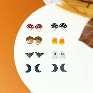 ADropOfOpal Halloween Stud Earrings- Handmade Polymer Clay Fall Jewelry | Falloween | Bats, Moon, Candy Corn, Mushroom, Ghosts, Acorns