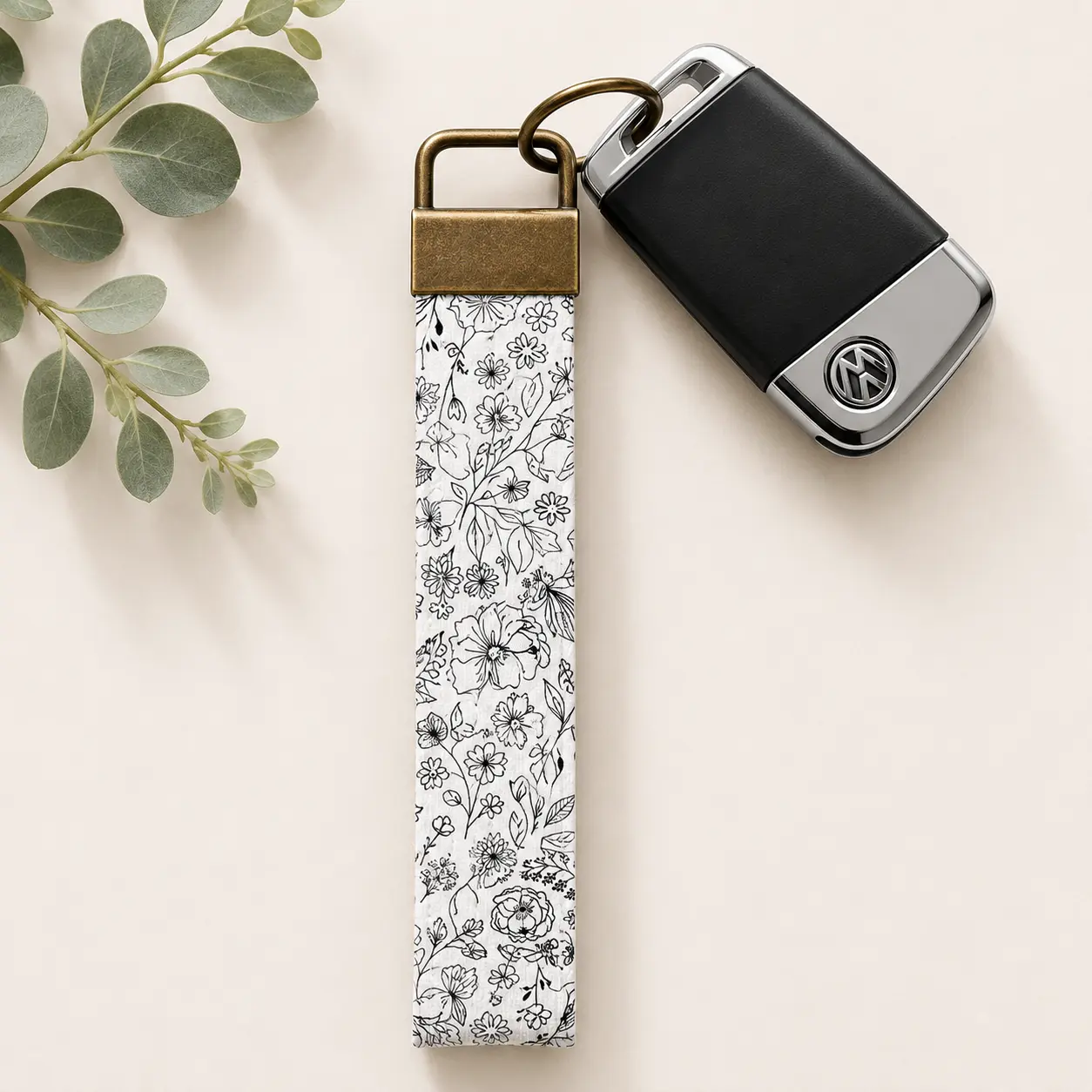 Black & White Floral Key Fob Wristlet | Antique Brass Hardware
