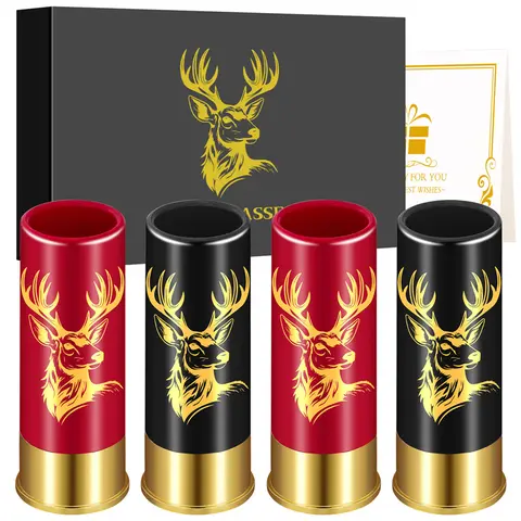 4pcs Stag-Head Printed Plastic Shot Glasses - Black Red 12GA Bullet Design,45ml/1.5oz Whiskey, Tequila, Vodka Cups for Camping Travel Bar Party,Christmas Gift for Family Friends, Party Wine Glasses