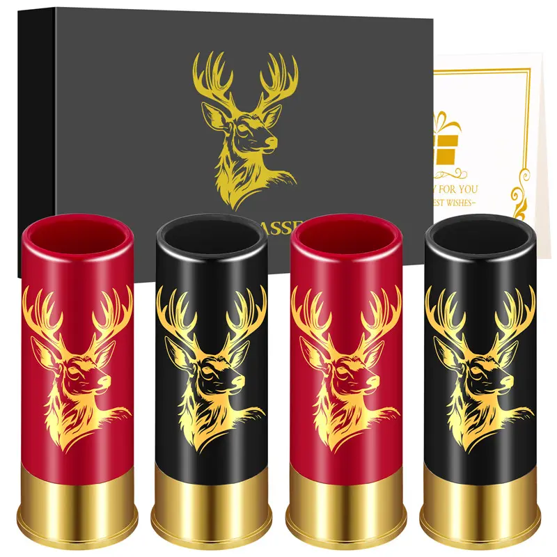 4pcs Stag-Head Printed Plastic Shot Glasses - Black Red 12GA Bullet Design,45ml/1.5oz Whiskey, Tequila, Vodka Cups for Camping Travel Bar Party,Christmas Gift for Family Friends, Party Wine Glasses