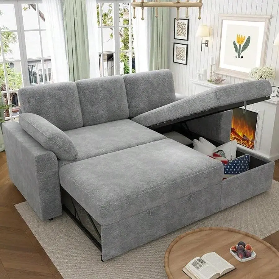 2-In-1 3-Seat Reversible Chaise Sectional Sleeper Sofa with Pullout Bed and Storage, Faux Fur Convertible Couch for Apartment  Room, Couches for  Room living