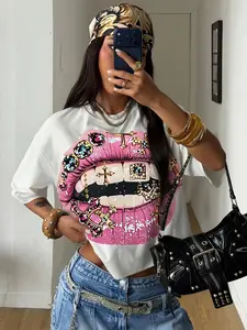 Women's White Rhinestone Cross Lip Print Cropped Short Sleeve T-Shirt, Summer Streetwear Casual Crop Top, Suitable for Daily Outings and Street Parties