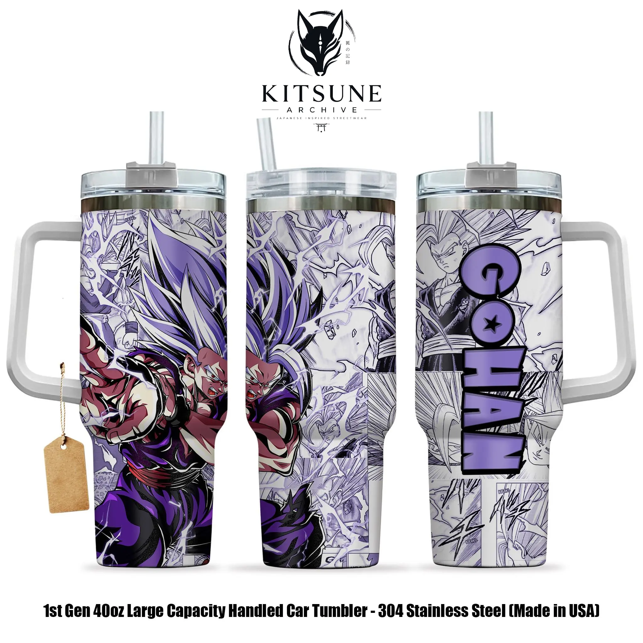 [Kitsune Archive] Gohan 40oz Tumbler With Handle And No Handle Stainless Steel Tumbler, Beast Form Tumbler, The Saiyan Warrior Tumbler, Anime Tumbler Gift, Iced Coffee Tumbler, Dragon-Inspired Drinkware, Gift for Otaku & Anime Fans