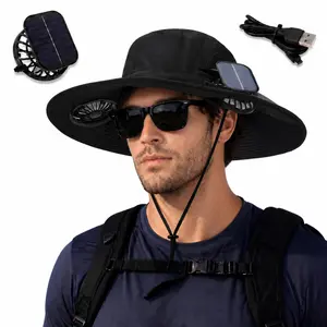 Solar Fan Sun Hat for Women & Men, UPF50+ Wide Brim Cooling Bucket Hat with Dual Solar Powered Fans, Breathable Mesh Windproof Chin Strap Outdoor Hat for Fishing Gardening Beach Hiking Summer UV Protection