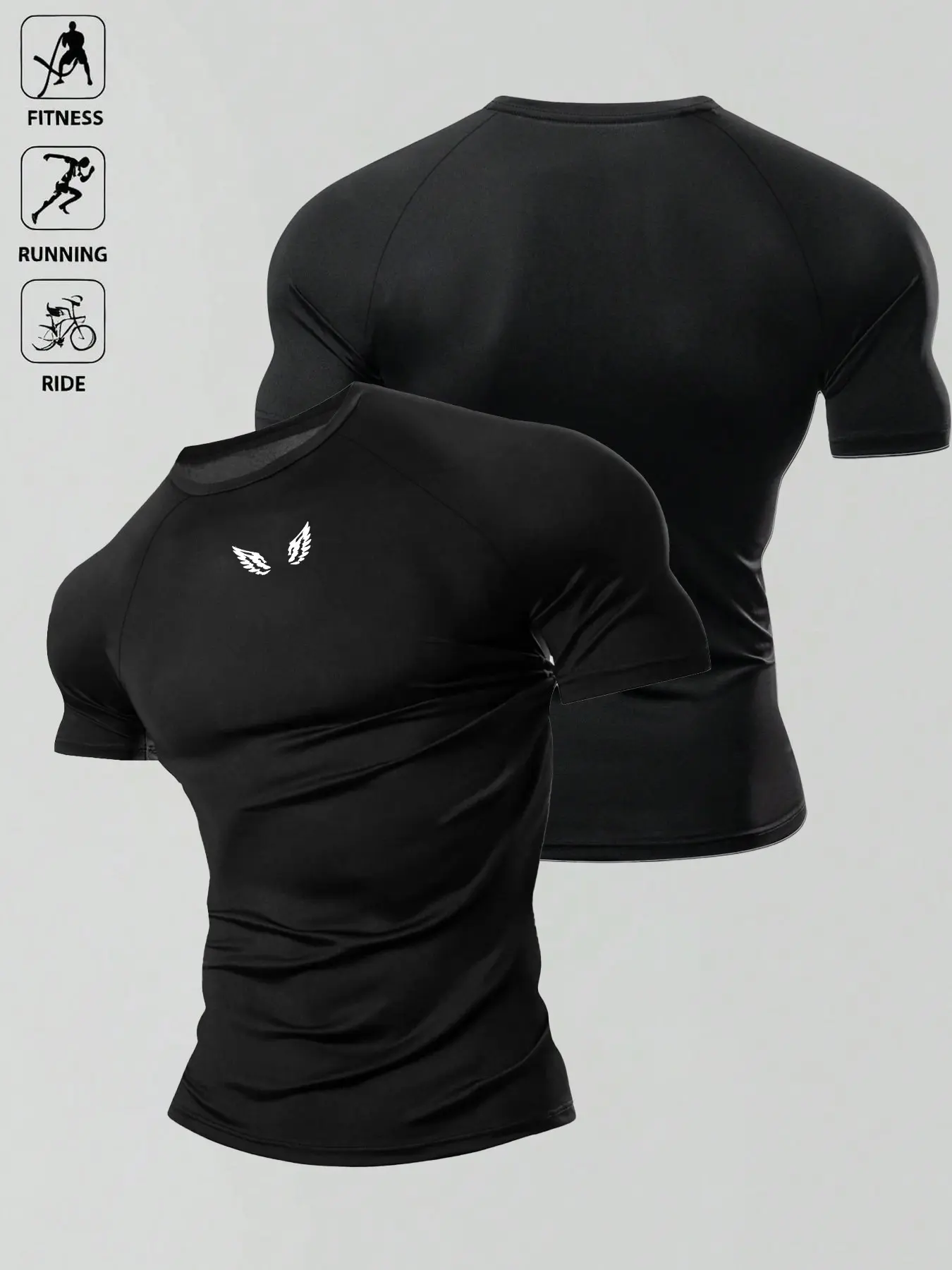 1pc Men's Muscle Fit T-Shirt Black Tight Compression Minimalist Wing Print Short Sleeve Gym Workout Bodybuilding Edgy Streetwear Summer Activewear Casual Fitness Top For Male Athletic Weightlifting Training Fitness Clothes Tops